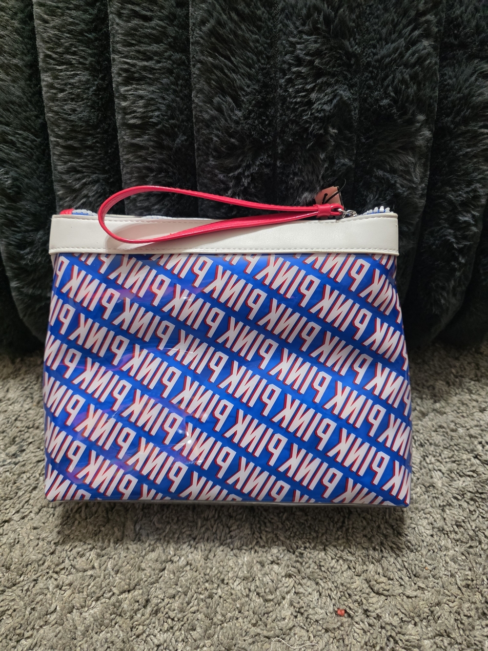 PINK Victoria's Secret Blue Logo Wristlet with White Trim and Hot Pink Strap